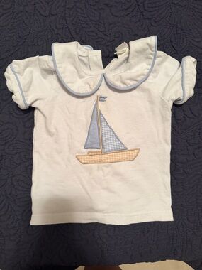 Toddler White Sailboat Short Sleeve Top with Blue Trim